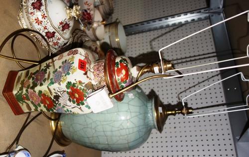 A 20th century crackled celadon lamp base together with a modern satsuma lamp base, (2). S2B