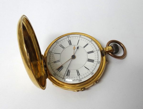 A gentleman's 18ct gold cased, keyless wind, centre stop seconds, hunting cased pocket watch, with an unsigned gilt jewelled lever movement, 18ct gold