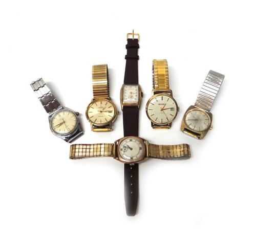 A 9ct gold cushion shape cased wristwatch, Edinburgh 1936, on a gilt metal bracelet, an Omega Automatic gilt metal fronted and steel backed wristwatch