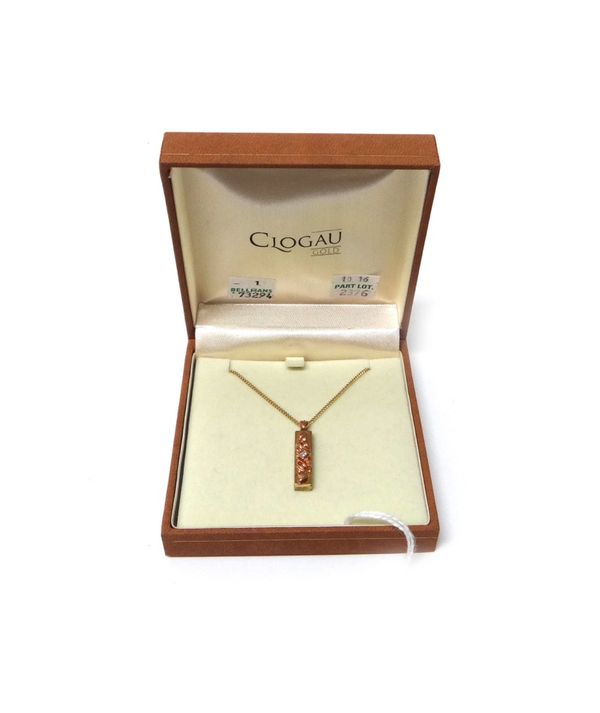 A Welsh Clogau 9ct gold and diamond set limited edition pendant, of rectangular form, with a foliate motif, centred by a princess cut diamond, detaile