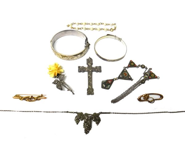 A group of jewellery, comprising; two gold brooches, two silver bangles, a gold and cultured pearl bracelet, a Sterling silver and marcasite set neckl