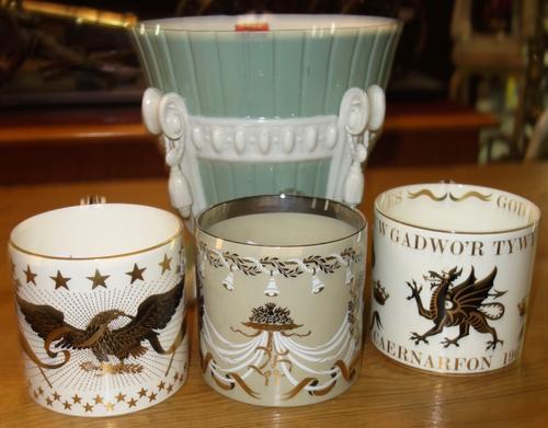 A pale green and cream Worcester jardiniere together with three Richard Guyatt mug.  CAB