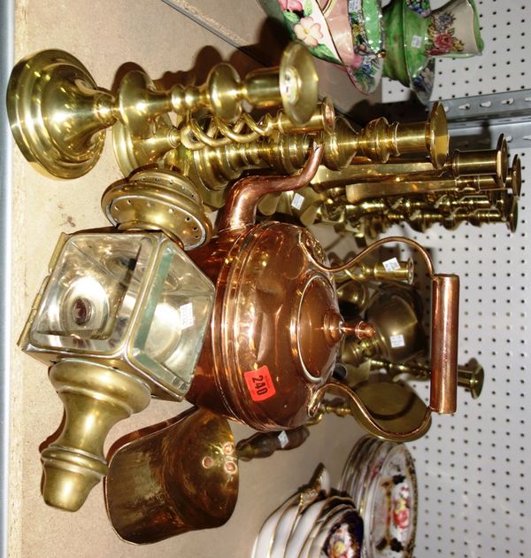A quantity of metalware and collectables including assorted brass candlesticks, kettle, lantern and sundry, (qty). S2M
