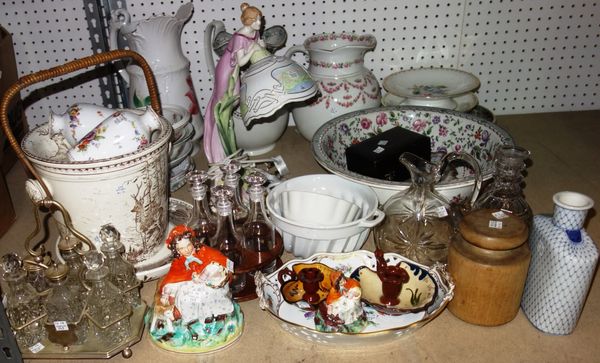 A large quantity of ceramics and glass including Argyle slop bucket decorated with deer, a Dresden oval bowl, Staffordshire figures, a cruet stand and