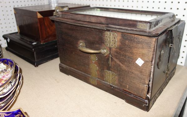 A group of three boxes including an Oriental dressing box, a rosewood and walnut box and one another.  L5