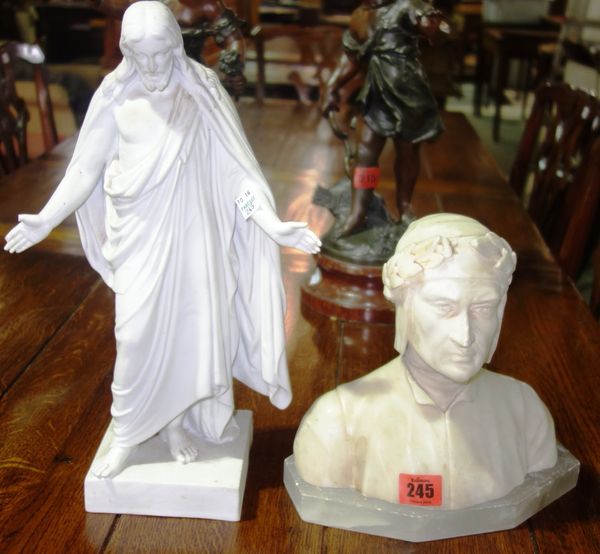 A carved marble bust of a man on stand together with a porcelain figure of Jesus with arms outstretched (2).  A7