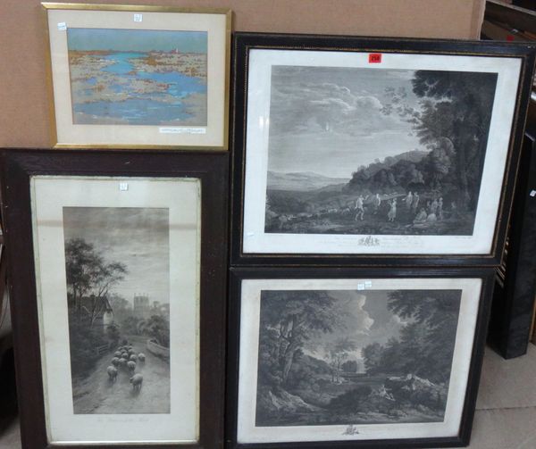 A small group of assorted prints and engravings, including a map of the road London - Bristol by John Ogilby, landscape engravings after Poussin and C