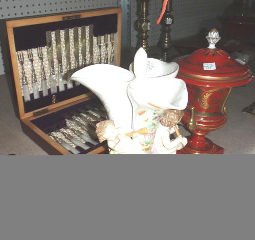 A group of Oriental ceramics and collectables including a gong on stand, two ginger jars, four carved figures and sundry.  S3B