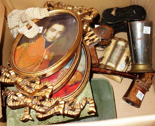 A quantity of collectables including oleographs, tortoiseshell card case, opera glasses and sundry, (qty). S3M