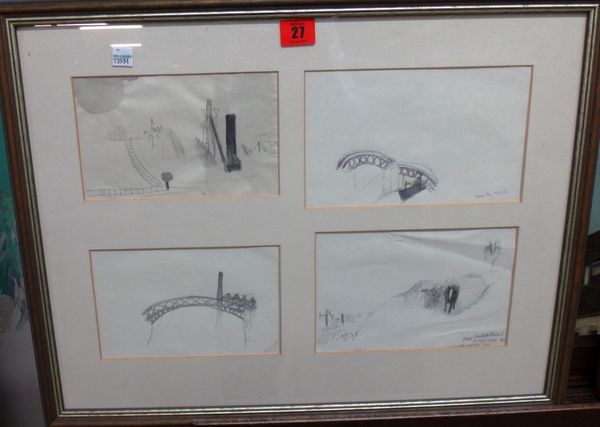 British School (20th century), From the train, four pencil drawings framed as one, each 11cm x 18.5cm. M1