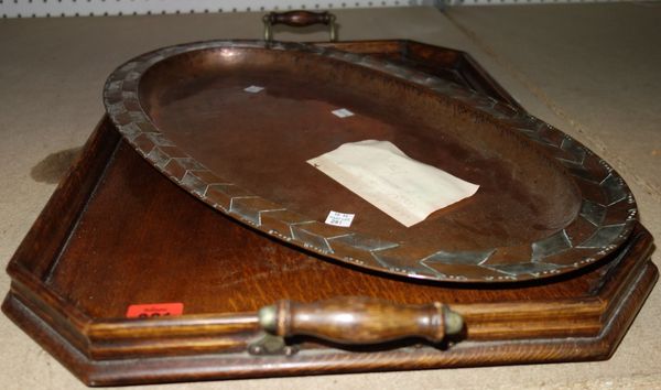 A Hugh Wallis copper and pewter tray and an oak gallery tray, (2).  DIS
