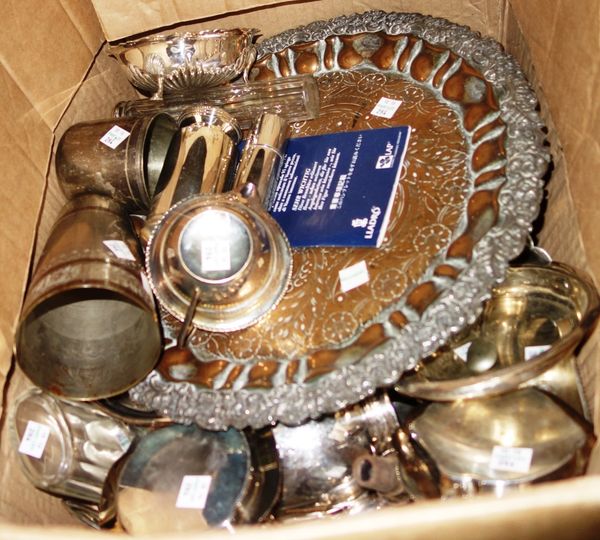 A quantity of assorted silver and plate including trays, beakers and sundry, (qty). S1B