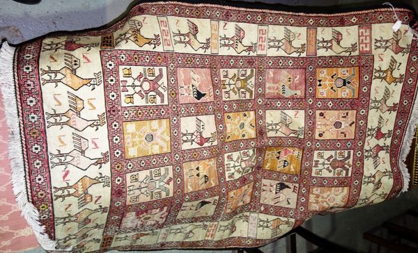 A 20th century flat weave rug, decorated with chickens.  G8
