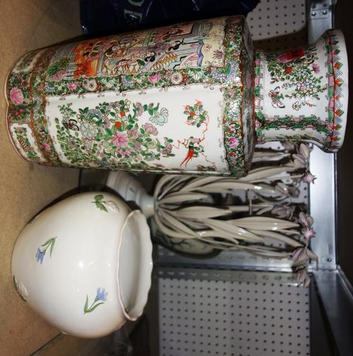A quantity of large 20th century vases and a metal and glass table and a brass ceiling light, (qty).  DIS