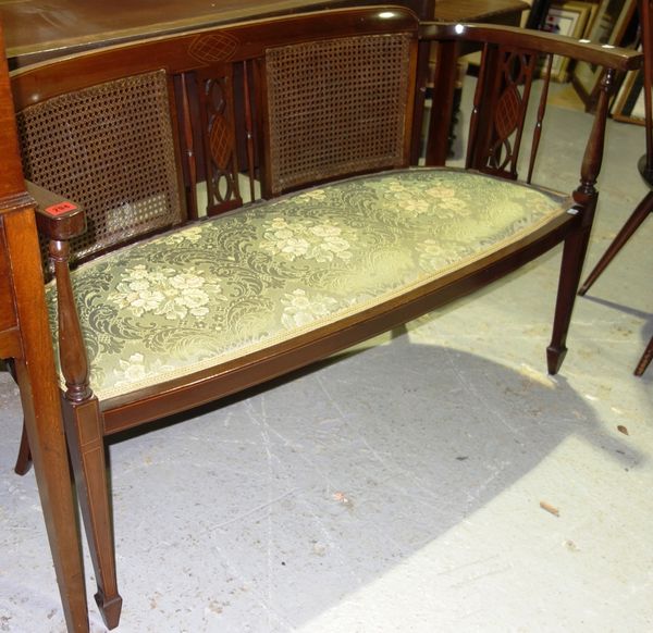 An Edwardian mahogany and inlaid two seat sofa, 127cm wide.   G2