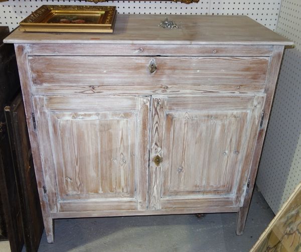 A 20th century pine grey painted side cabinet with single drawer and pair of cupboards, 101cm wide.  B1