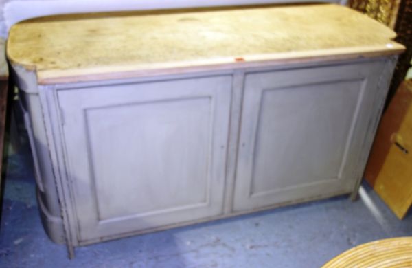 A Victorian grey painted side cabinet with a pair of panelled doors, 139cm wide.   C2