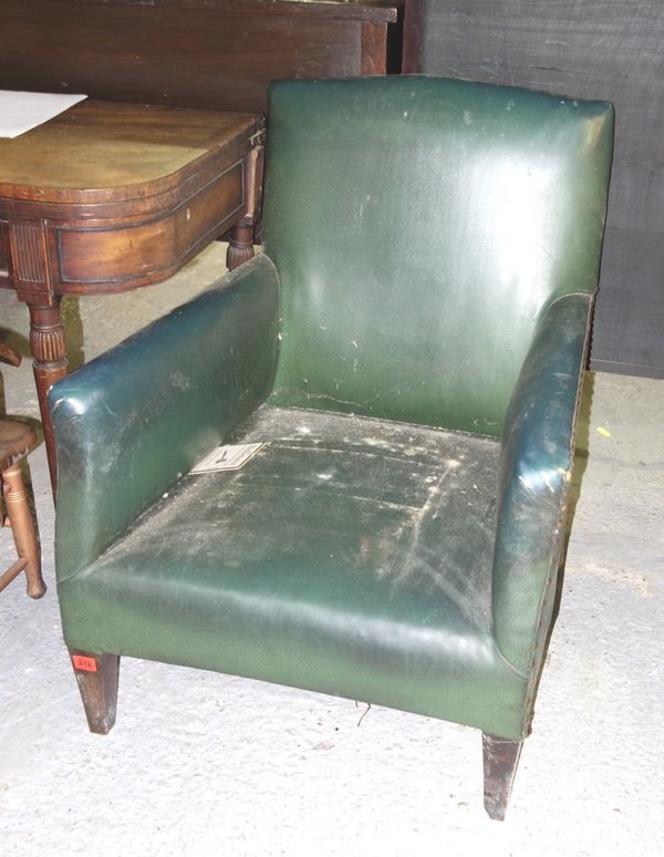 A 19th century green leather upholstered chair.  H4