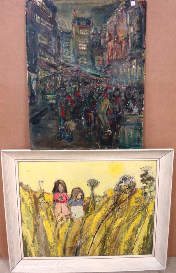 British School (c.1970), Young girls in a field, oil on board, 50cm x 65cm.; together with a street scene with figures by another hand, (2). L1