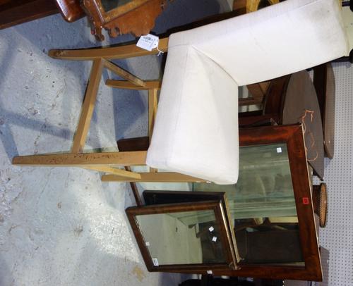 A walnut rectangular wall mirror, another smaller walnut mirror and a modern kitchen chair, (3). A2