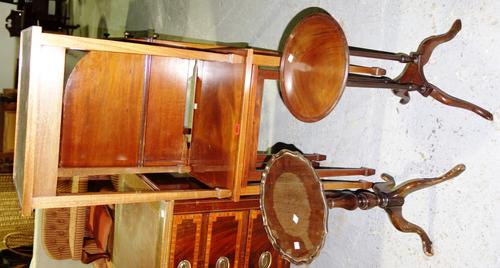 A group of three rectangular mahogany side tables and two smaller mahogany circular wine tables, (5).  G2