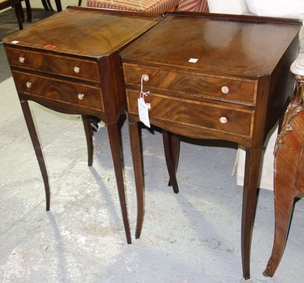 A pair of 19th century mahogany and inlaid two drawer side tables, 40cm wide, (2).  E3