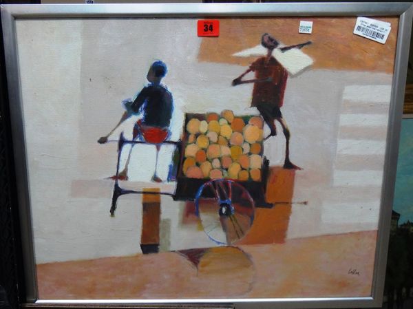 African School (20th century), Fruit sellers, oil on canvas, indistinctly signed, 45cm x 55cm. M1