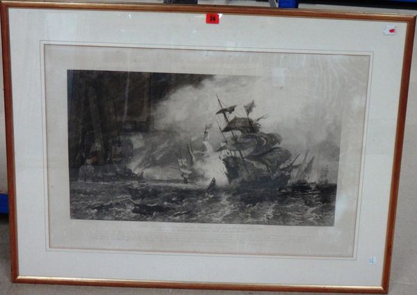 After Sir Oswald Walters Brierly, The decisive action with the Armada, etching by David Law, 51cm x 77cm. M1
