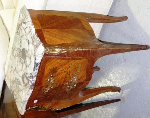A pair of Kingwood and gilt metal mounted two drawer bedsides, one with a marble top, 50cm wide (2).  E2