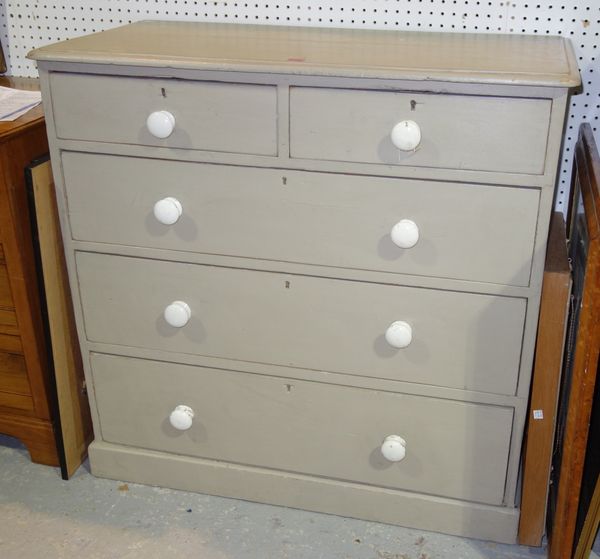 A 19th century pine grey painted chest of two short and three long drawers, 101cm wide.   F1