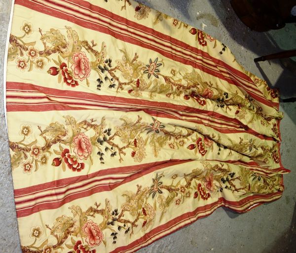 A pair of lined curtains with floral and striped pattern, 200cm drop x 150cm wide.   DIS
