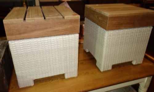 A pair of rattan and hardwood stools, 40cm wide (2). DIS