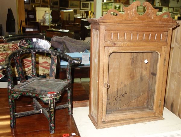 An Oriental style child's corner chair and a small glazed wall cupboard, (2). DIS