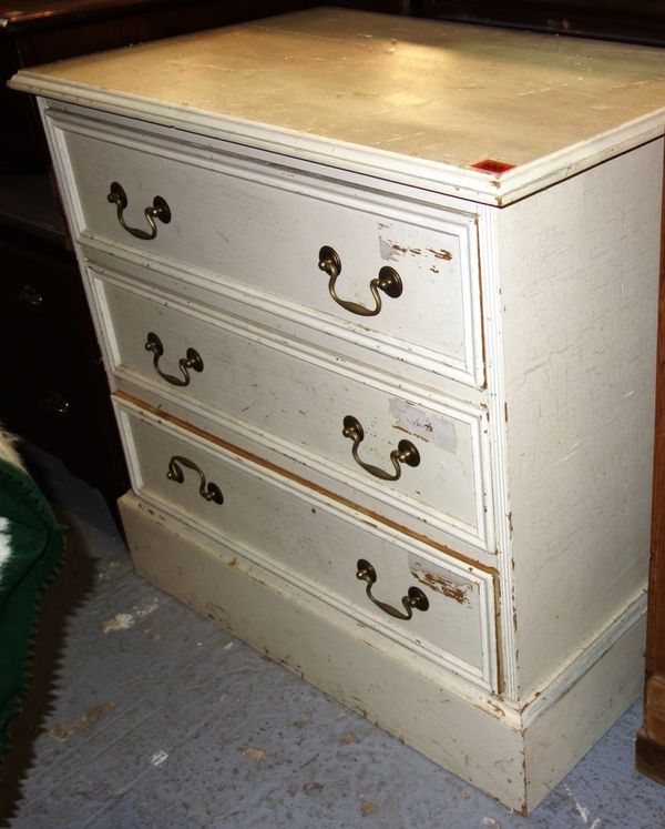 A 20th century white painted pine chest of three drawers, 70cm wide.  DIS