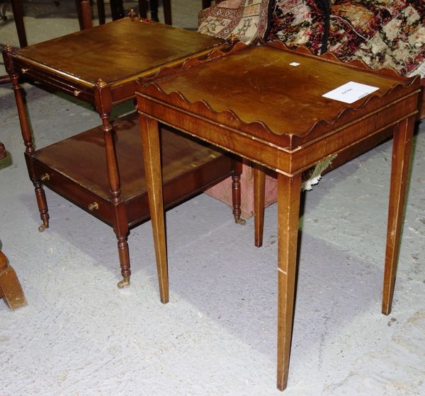 A mahogany two tier night stand and a rectangular occasional table with wavy rim, (2).  I8