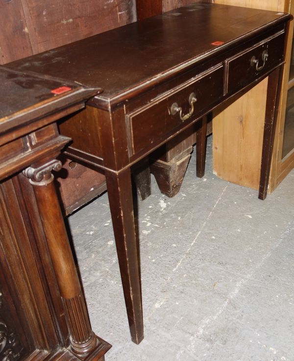 A 19th century mahogany rectangular two drawer side table, 90cm wide.  DIS