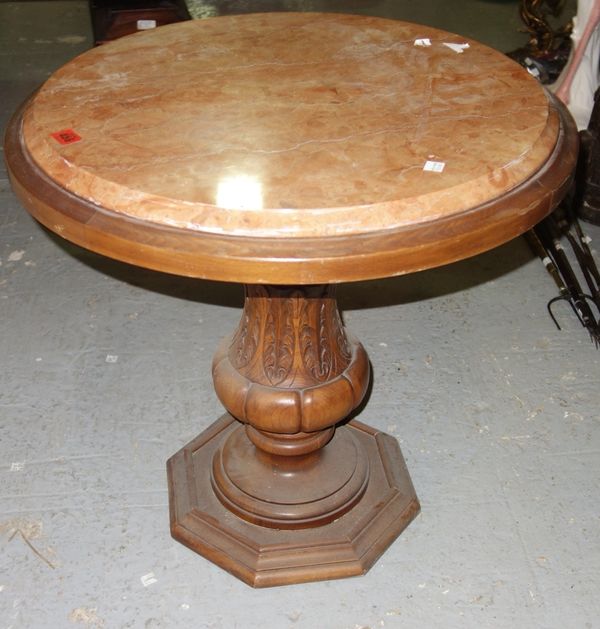 A 20th century stained beech circular occasional table with marble top, 60cm wide.  DIS