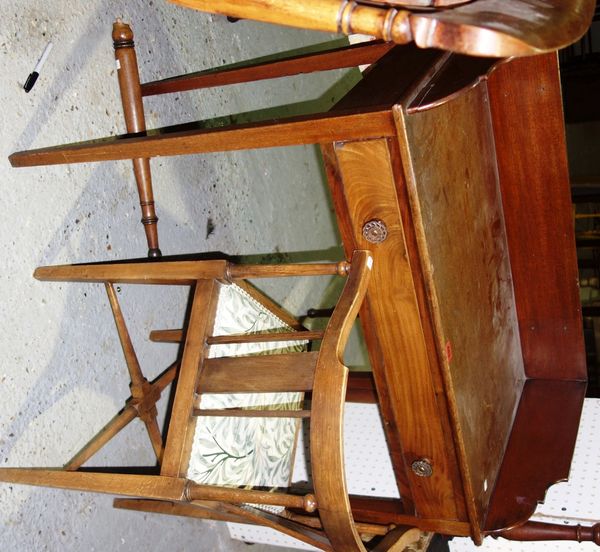 A 19th century mahogany work stand, with single drawer on tapering square supports, 86cm wide, together with an Edwardian corner chair, (2).  J5