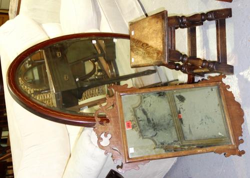 A 17th century style joint stool, an 18th century style fret mirror and an inlaid mahogany oval mirror, (3)  A3