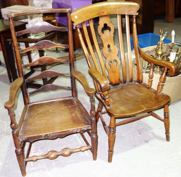 A Victorian kitchen Windsor chair, together with a similar ladder back chair, (2).  I6