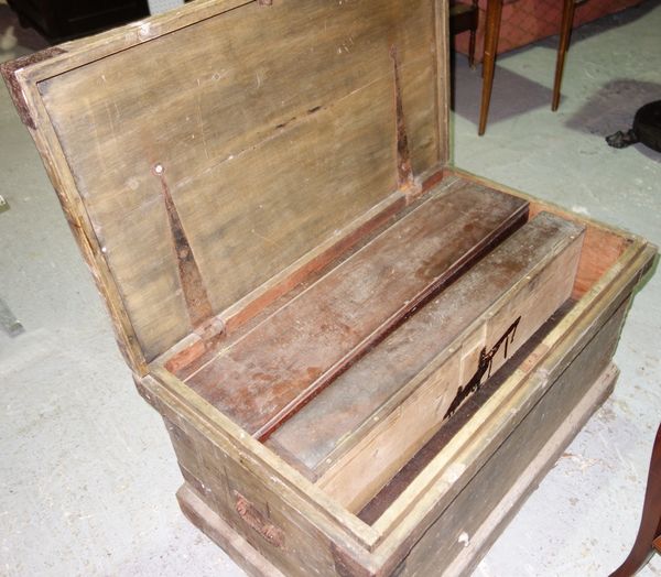 A large pine tool box containing carpenter's tools. DIS