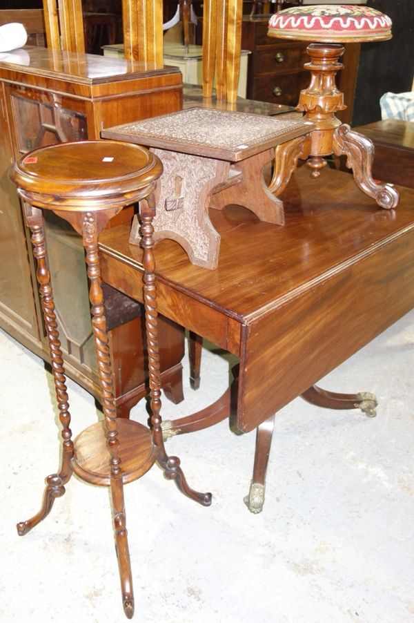 A Victorian mahogany circular piano stool, a small card table and a circular jardiniere stand, (3).   G3