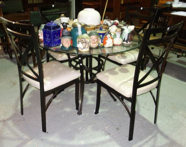 A 20th century metal circular table and four chairs, together with a 20th century bowfront metal console table, (5).  J7