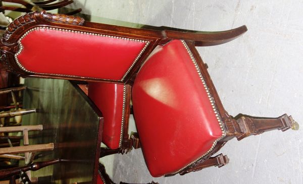 A set of six 19th century oak and red leatherette upholstered dining chairs, (6).  F7