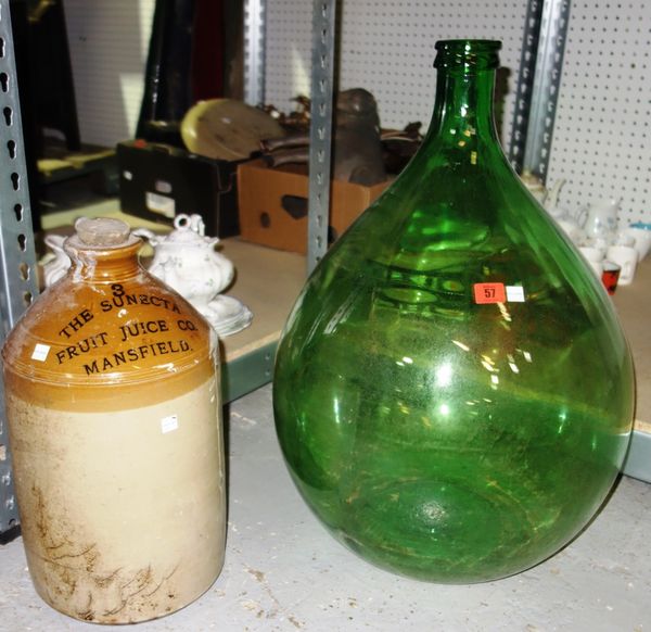 A green glass demijohn and a stoneware jar, (2).  DIS