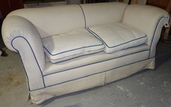 A two seater white upholstered sofa with drop down arms, 158cm wide.   L3