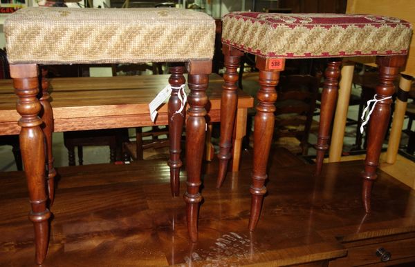 A pair of Victorian rectangular stools with needlework upholstery on turned supports, (2).  G6