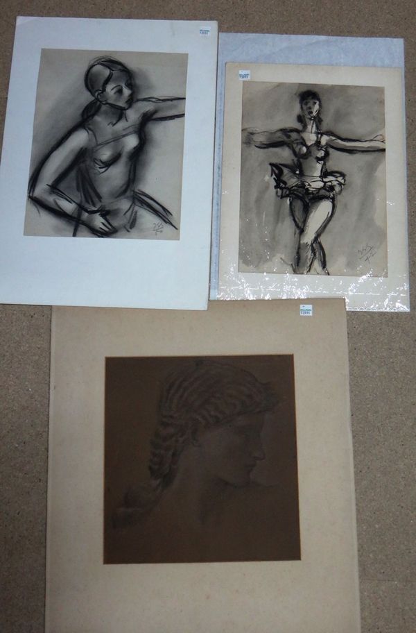 A group of three drawings, including a charcoal study of a girl, a pencil study of a classical head, and an ink and wash drawing of a ballerina, all u