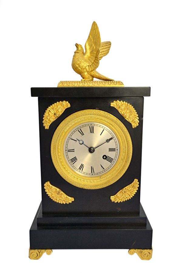 A Regency ormolu black slate mantel timepiece, early 19th century the silvered dial with Roman numerals and with a fusee movement, signed Barwise Lond