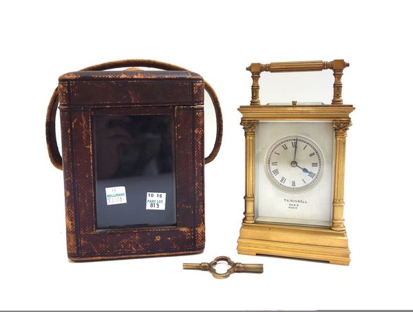 A French late 19th century gilt brass cased carriage clock, with push repeat and two train movement striking on a gong, the silvered dial plate detail